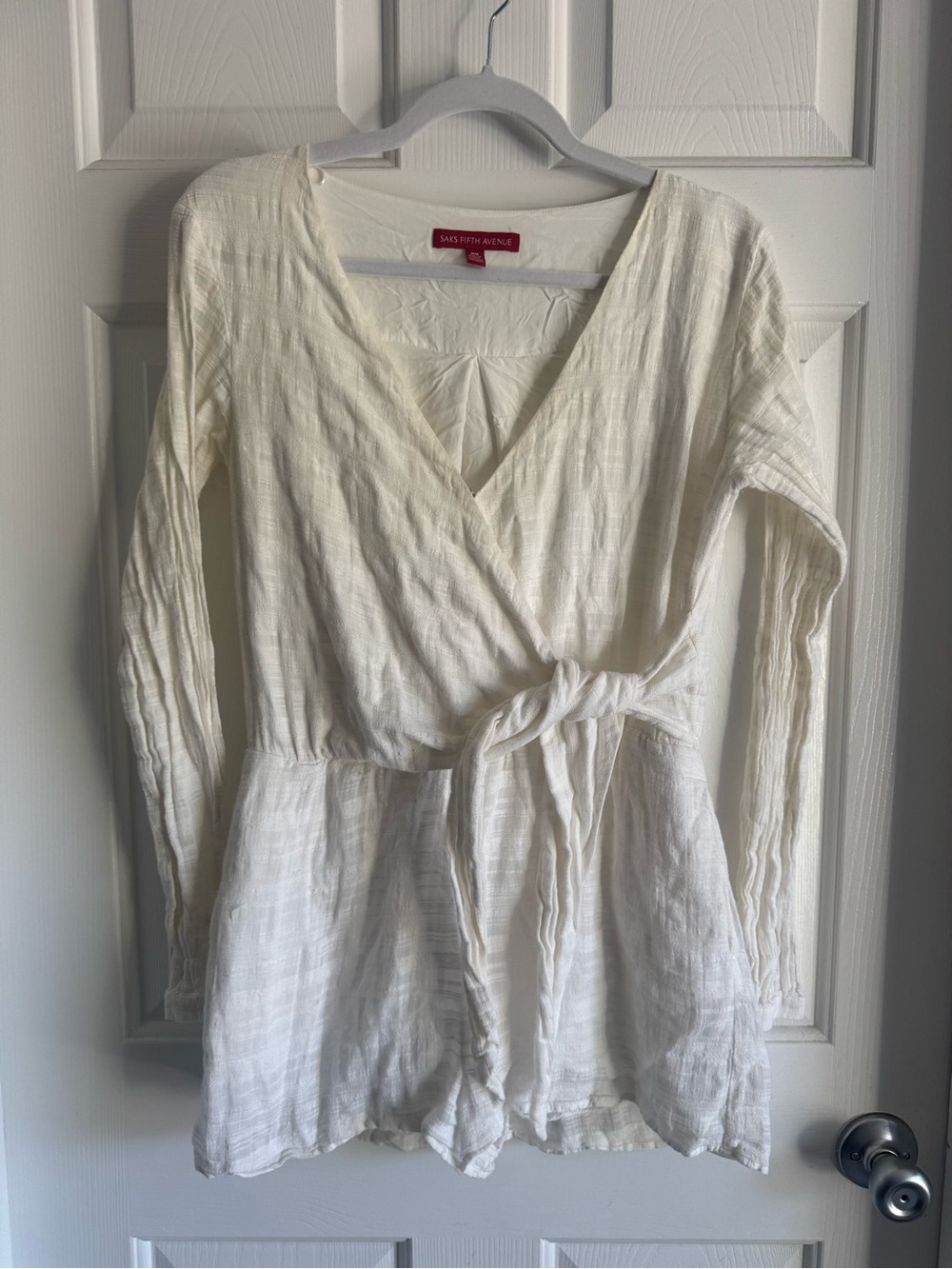 Saks Fifth Avenue Ivory White Linen Wrap-Front Romper Size Medium